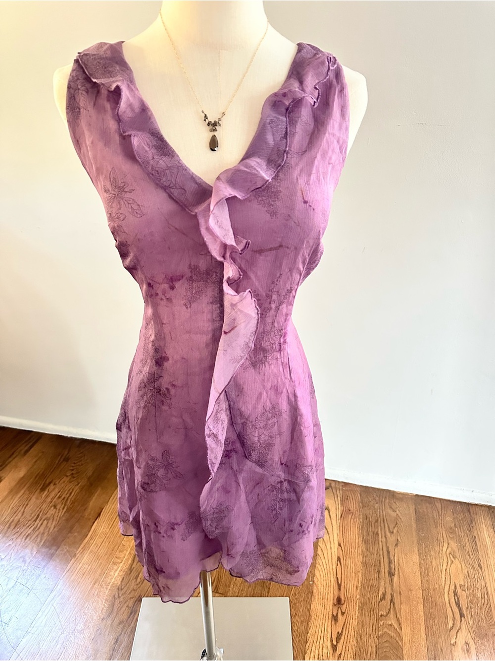 RIHOAS Lavender Romantic Ruffle Mini Dress Sheer Floral NWT L